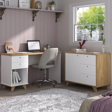 Conjunto Completo 2 Peças Escrivaninha Sky e Balcão Lugano Olmo Branco