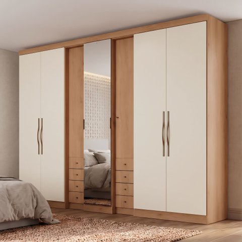 Guarda-Roupa Casal com Espelho 7 Portas 8 Gavetas Freijó/Areia Off White 270cm Yescasa Absolut New