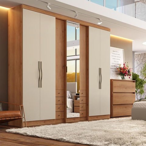 Guarda-Roupa Casal 7 Portas 8 Gavetas com Espelho 270x55x230cm Absolut New Yescasa Off White Freijó/Areia