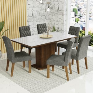Conjunto Sala de Jantar Mesa Tampo de Vidro 6 Cadeiras Rustic/branco/silver Geórgia Madesa