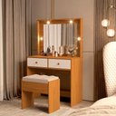 Ver imagem 5 de Penteadeira Lívia para Quarto com Espelho Iluminado 2 Gavetas e Banqueta Estofada - Nature/off White