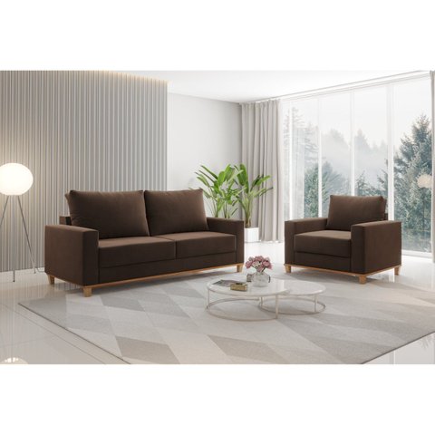 Kit Sofá Living 3 Lugares 1,80m Poltrona Veludo Alpino Marrom Bombom