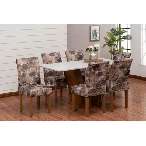 Capa de Cadeira Estampada 4 Lugares 04 Peças Flores Marrom