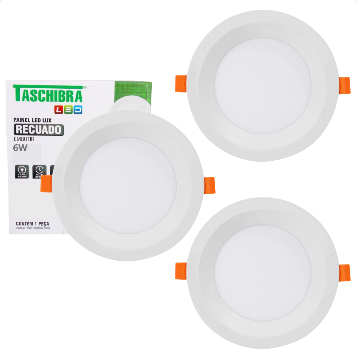 Kit 3 Painel de Led Redondo Embutir Recuado 6w Bivolt Taschibra 6500k Frio - 3
