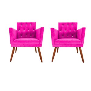 Kit 2 Poltronas Decorativa Nina Retro Recepção Sala de Estar Suede Botão Cristal Pés Palitos Rosa Pi