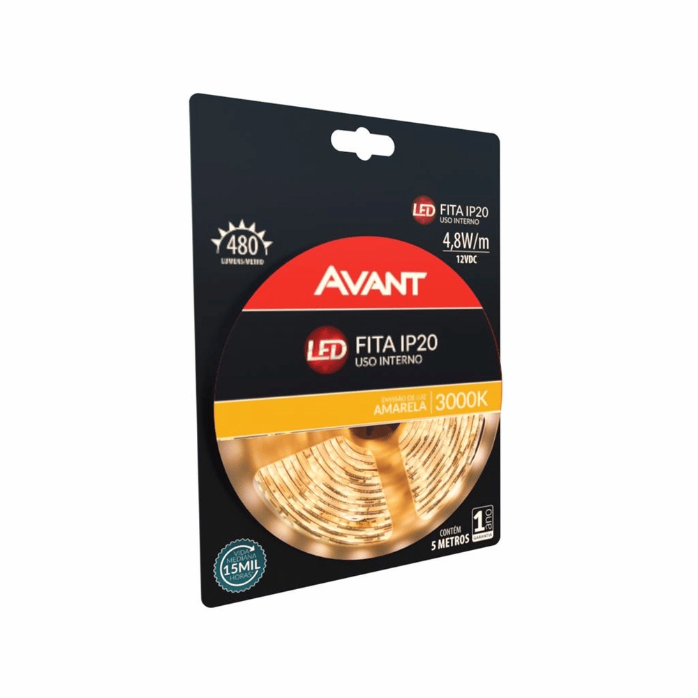 Fita Led IP20 8W/M 3000K 12V Amarela c/ 5M - Bivolt - 3