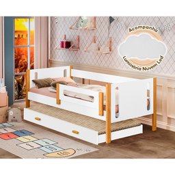 Cama Babá Solteiro Mirela C/ Cama Auxiliar Grade Proteção Incluso Luminária Led Branco/Amêndoa - 3