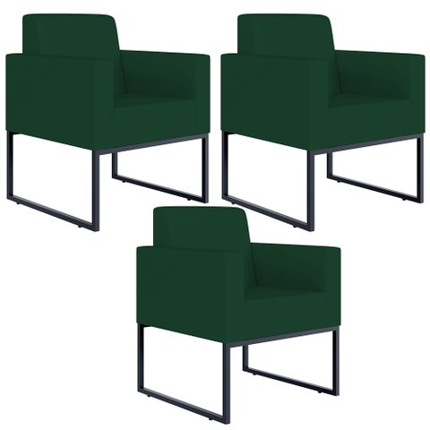 Kit 3 Poltronas Decorativas Sala e Recepção Base Fixa Metal Helô L02 Suede Verde Musgo - Lyam
