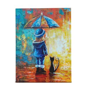 Quadro Decorativo Abstrato - Criança com Guarda-chuva e Gato
