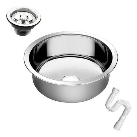 Cuba de Cozinha Redonda 30cm Aço Inox 304 com Válvula e Sifão Cinza AS