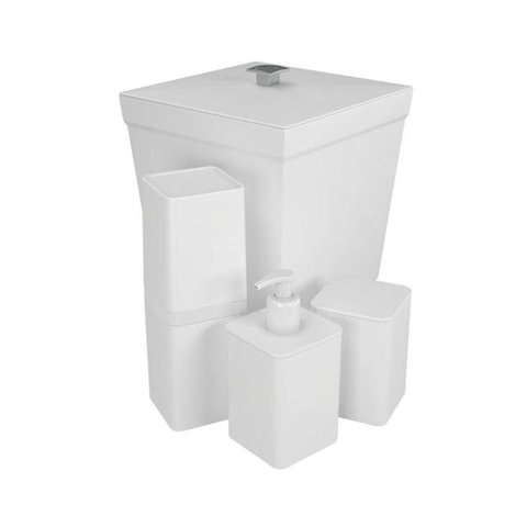 Kit Banheiro 4 Peças Lixeira Dispenser Porta Escova e Porta Algodão - Stolf Branco