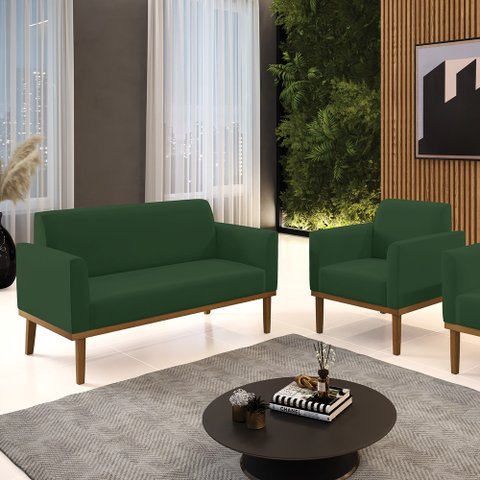 Conjunto Poltrona e Namoradeira Decorativa Isabella Pés Fixo em Madeira Castanho Veludo Verde Esmera