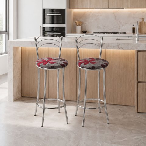 Kit 2 Banquetas Médias Cromadas com Assento Estofado e Encosto para Bancada Cozinha e Área Gourmet Cinza/Cromado/Vermelho