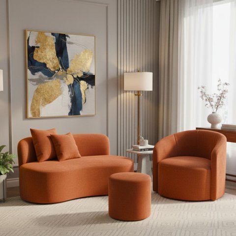 Conjunto 01 Poltrona + Sofá e 1 Puff Curvo Orgânico Nature Gaia Veludo Terracota - Montanaris Decor