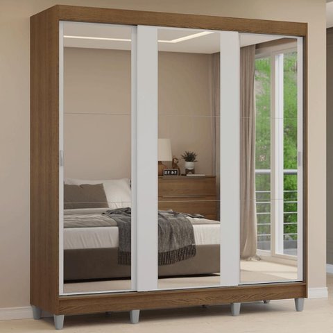Guarda-Roupa Casal com Pés 3 Portas de Correr de Espelho Reno Madesa