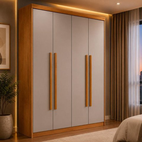 Guarda-Roupa Solteiro 100% MDF com 4 Portas e 2 Gavetas Multimóveis CR35517 Madeirado/Off White