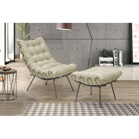 Poltrona Costela Luxo com Puff Adão Metal Preto -veludo Bege
