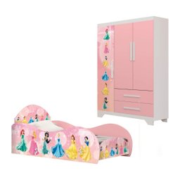 Jogo Quarto Infantil Princesas Cama Colchão Roupeiro Meninas - 1