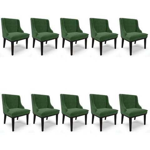 Kit 10 Cadeiras Estofadas para Sala de Jantar Base Fixa de Madeira Preto Lia Suede Verde - Ibiza