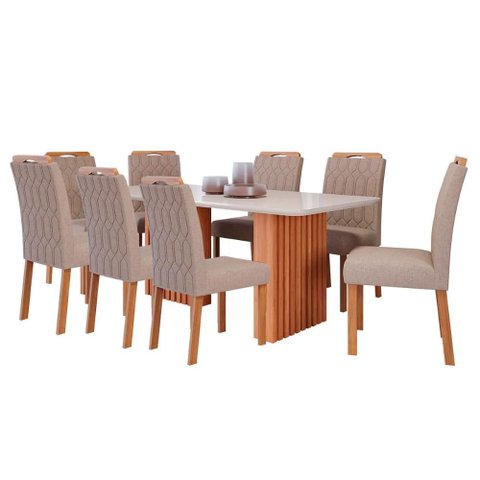 Sala de Jantar Mesa Ester 210 com 8 Cadeiras Paola Wood Cinamomo/off White/madeira/linho Bege