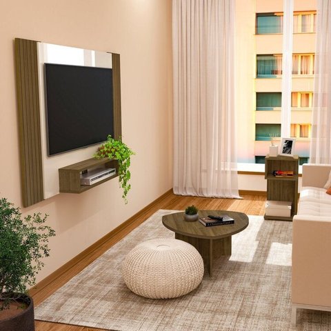 Conjunto 3 Peças Sala Estar Apoio Toy Mesa de Centro Delta e Painel Cine Marrom Pinho/Off White