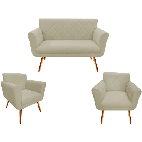 Kit Namoradeira + 2 Poltronas Decorativa Sabrina Suede Bege Pés Madeira Ms Decor