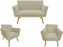 Ver imagem 1 de Kit Namoradeira + 2 Poltronas Decorativa Sabrina Suede Bege Pés Madeira Ms Decor