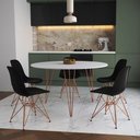 Ver imagem 1 de Mesa Jantar Redonda 110Cm Branca Clips 3 Pés Com 5 Cadeiras Pretas Base Cobre - Cor: Branco