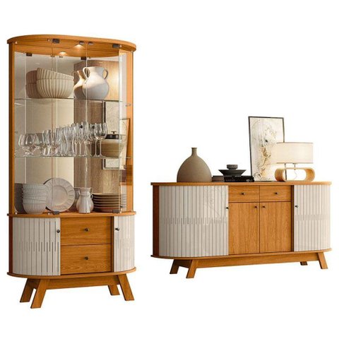 Aparador para Sala Buffet Ambiente Mônaco e Cristaleira Moss Cinamomo Off White - Madetec