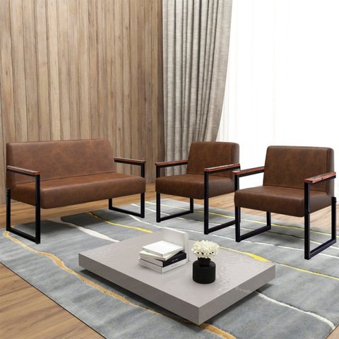 Kit 3 Peças com 1 Sofá 2 Lugares e 2 Poltronas Corino Industrial Niterói Marrom