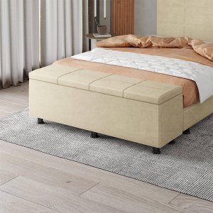 Baú Sapateira Estofada Casal 140 Cm Marte Veludo Bege - Skybox