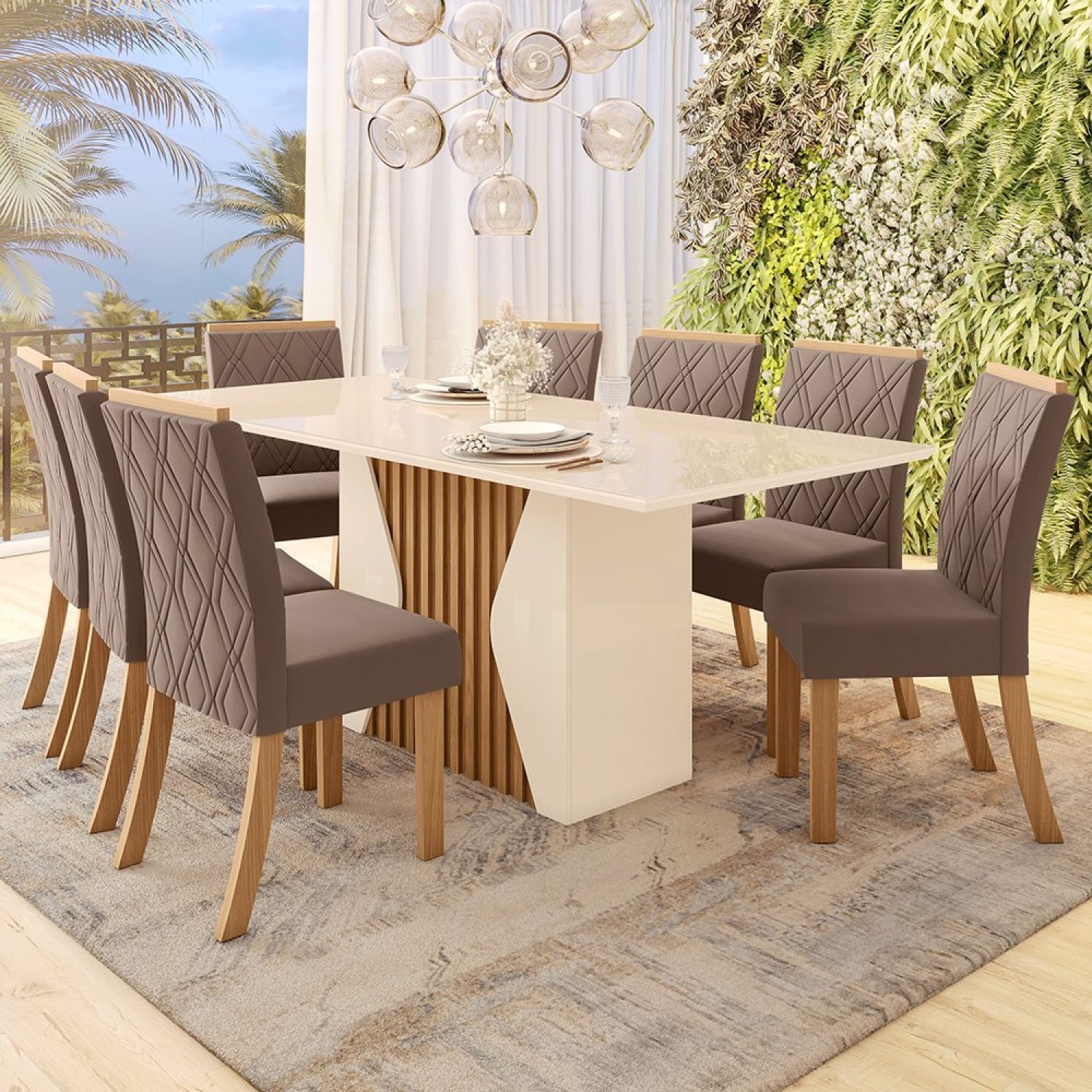 Conjunto Mesa de Jantar Epic Com 8 Cadeiras Vita Nature/Off White/Marrom -  Henn