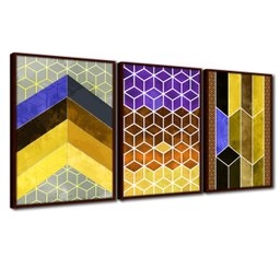 Quadros Decorativos Textura CX Alta 40x60 Chevron Cores 3 Un - Cor Amarelo Moldura Madeira - 1