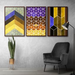 Quadros Decorativos Textura CX Alta 40x60 Chevron Cores 3 Un - Cor Amarelo Moldura Madeira - 4
