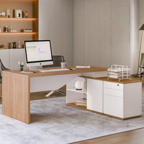 Escrivaninha Mesa Escritório Diretor em L Spring 3 Gavetas 1 Porta 180cm Yescasa Itapuã E Branco