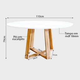 Mesa Jantar Eames Eiffel Redonda 110cm Lívia Base Madeira Maciça - Branca - 3