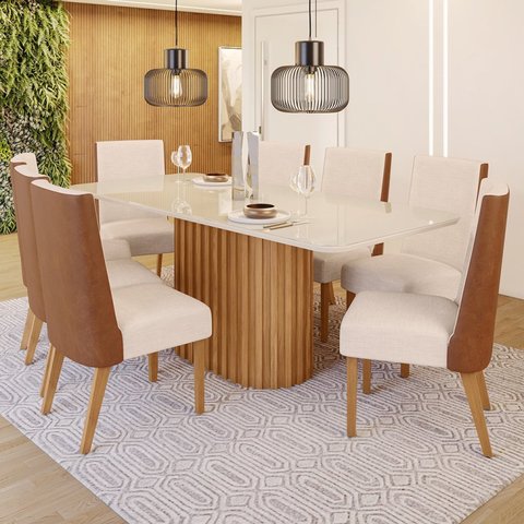 Conjunto Sala de Jantar Tampo Mdf/Vidro 8 Cadeiras Geovana