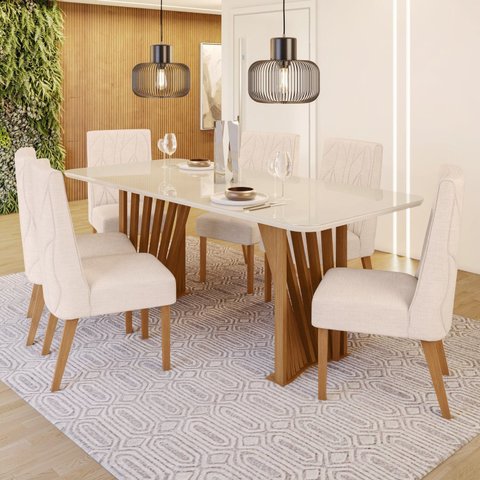 Conjunto Sala de Jantar Mesa Tampo MDF/Vidro com 6 Cadeiras Joana Bege/Nature/Off White/Linho