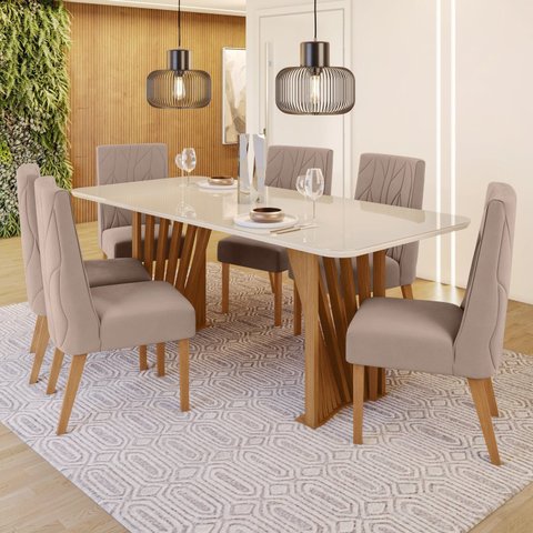Conjunto Sala de Jantar Mesa Tampo MDF/Vidro com 6 Cadeiras Joana Marrom/Nature/Off White/Amêndoa