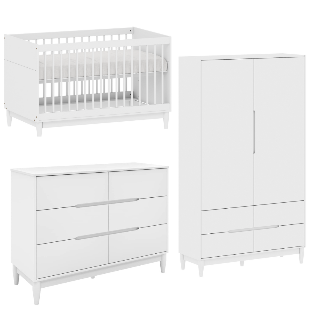 Quarto de Bebê Branco Berço Cômoda e Guarda Roupa Infantil Marca Quater Linha Tomi - 1