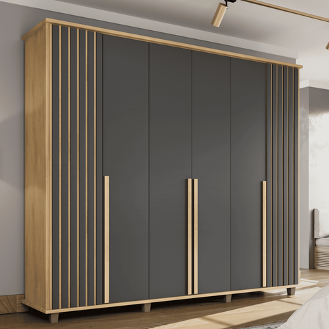 Guarda-Roupa Casal França 6 Portas com Detalhe Ripado com 3 Gavetas Internas Marrom/Cinamomo/Grafite