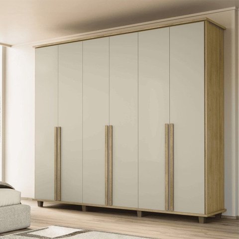 Guarda-Roupa Casal França 6 Portas com 3 Gavetas Interna e 8 Nichos 2 Maleiros Cinamomo Off White
