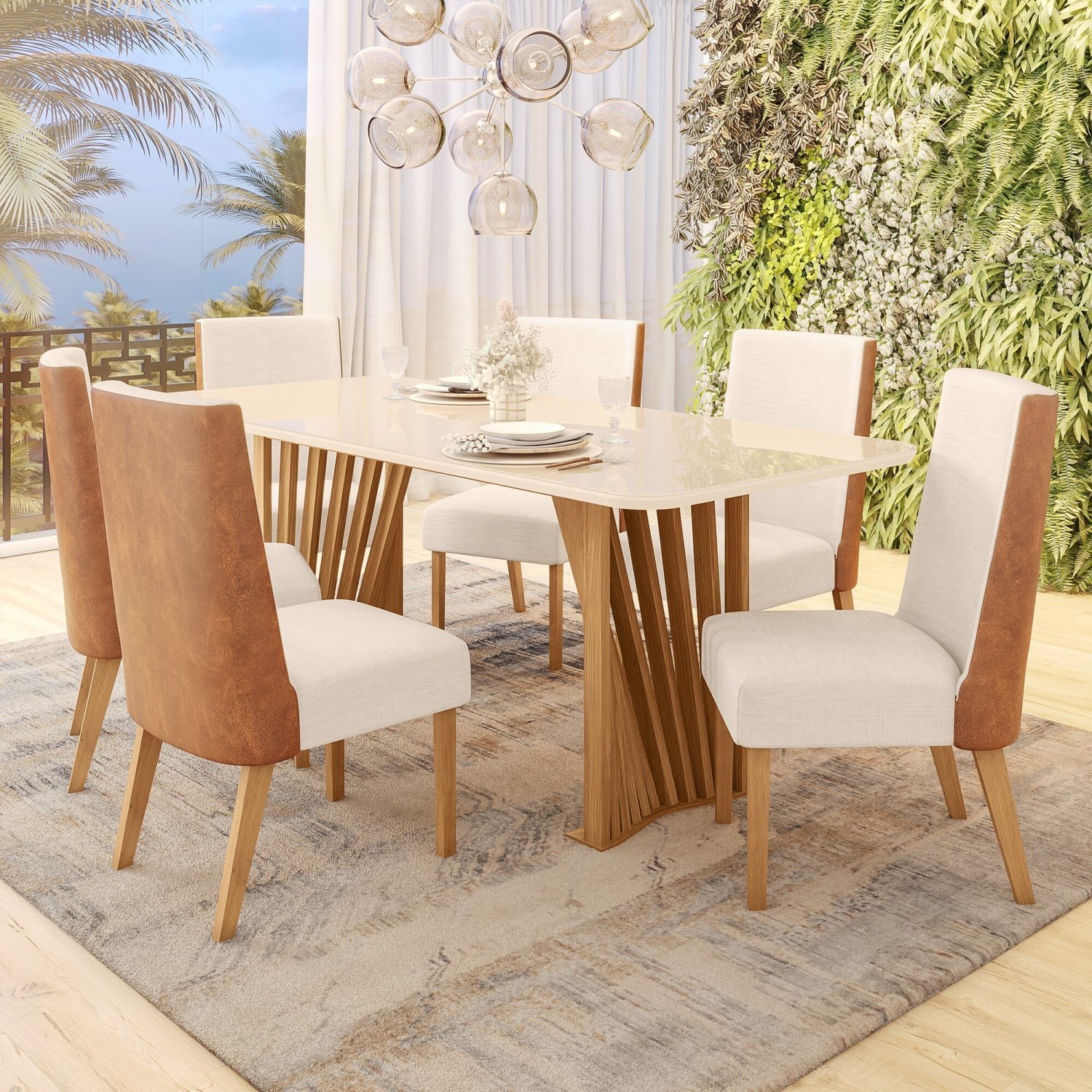 Conjunto Sala de Jantar Completa Mesa Tampo MDF Com Vidro 6 Cadeiras Noce e  Off White Olimpic Bom Pastor