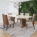 Ver imagem 1 de Conjunto Sala de Jantar Mesa Tampo MDF/Vidro com 6 Cadeiras Milena Bege/Nature/Off White/Linho