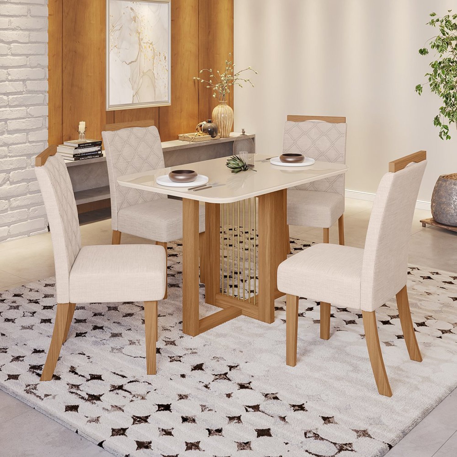 Conjunto Sala de Jantar Tampo Mdf/Vidro 4 Cadeiras Marie