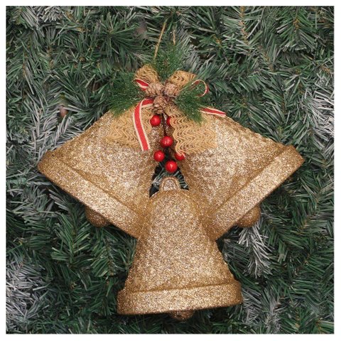 Kit 6 Enfeite Pendente Decoração Natalina Sino Dourado 30cm