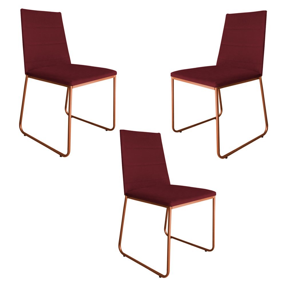 Kit 3 Cadeiras de Jantar Estofada Lille Base Bronze Veludo Bordô - Montanaris Decor