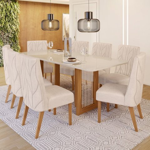 Conjunto Sala de Jantar Tampo Mdf/Vidro 8 Cadeiras Michelle
