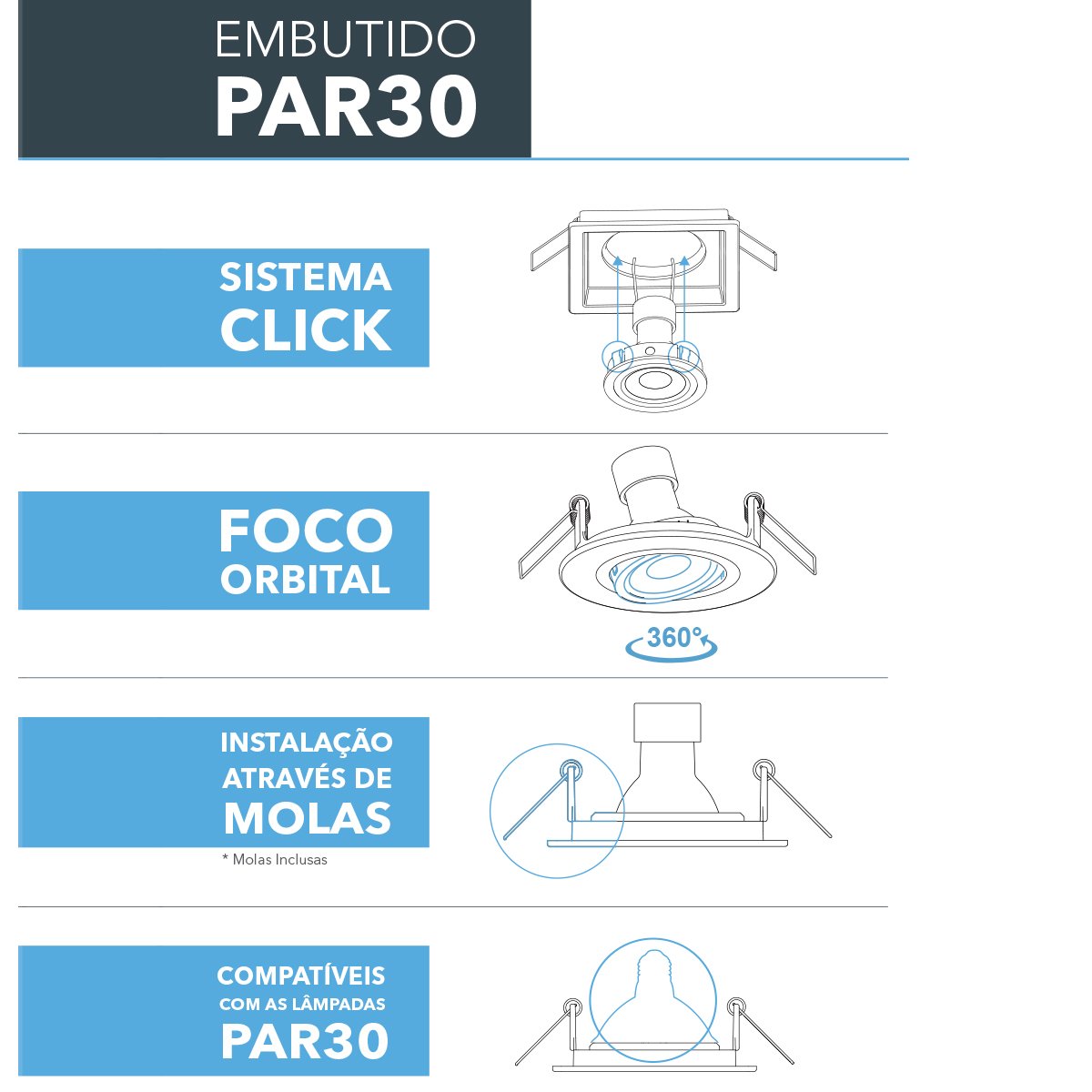 Kit 12 Spot Embutir Quadrado Recuado Par30 Branco + Lâmpada Led 10w 4000k - 4
