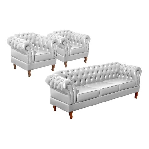 Conjunto Sofá 3 Lugares e 2 Poltronas Chesterfield Duque Dom Pedro - Couríssimo Branco